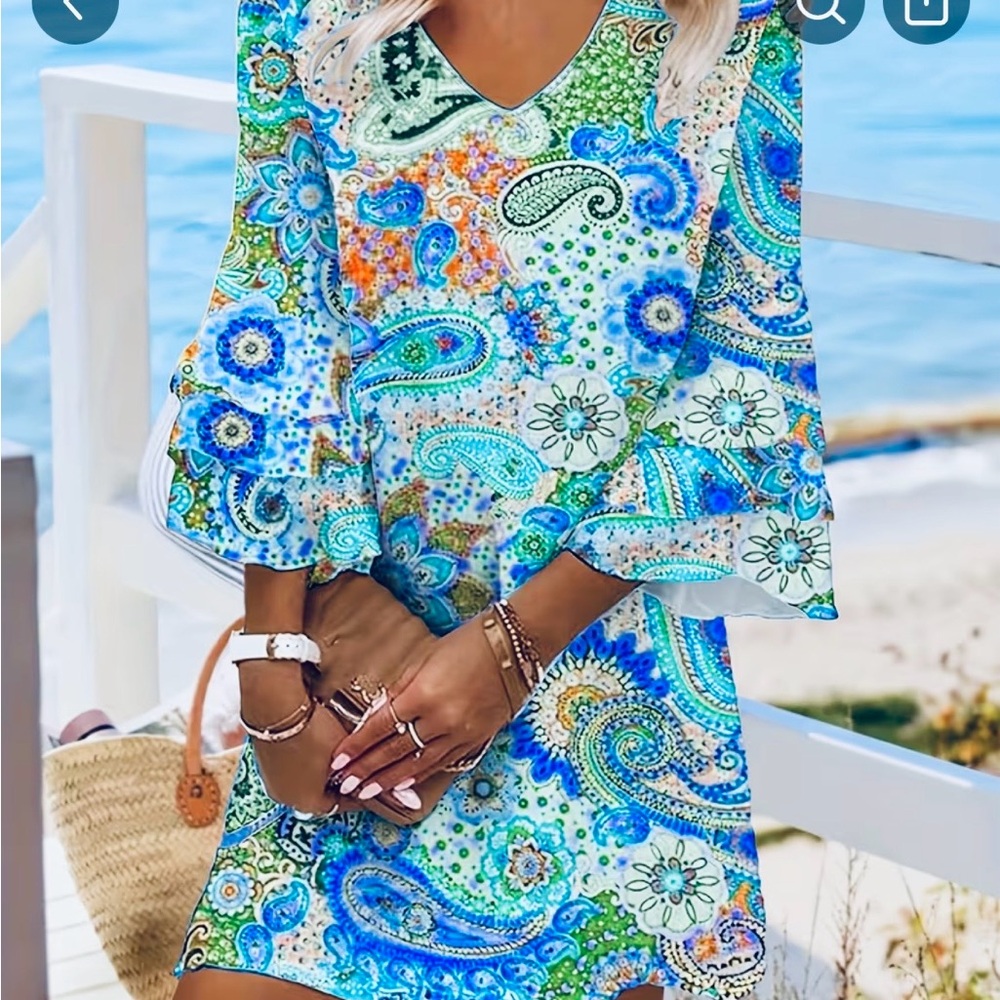 Floral Paisley Midi Dress in Blue and Green